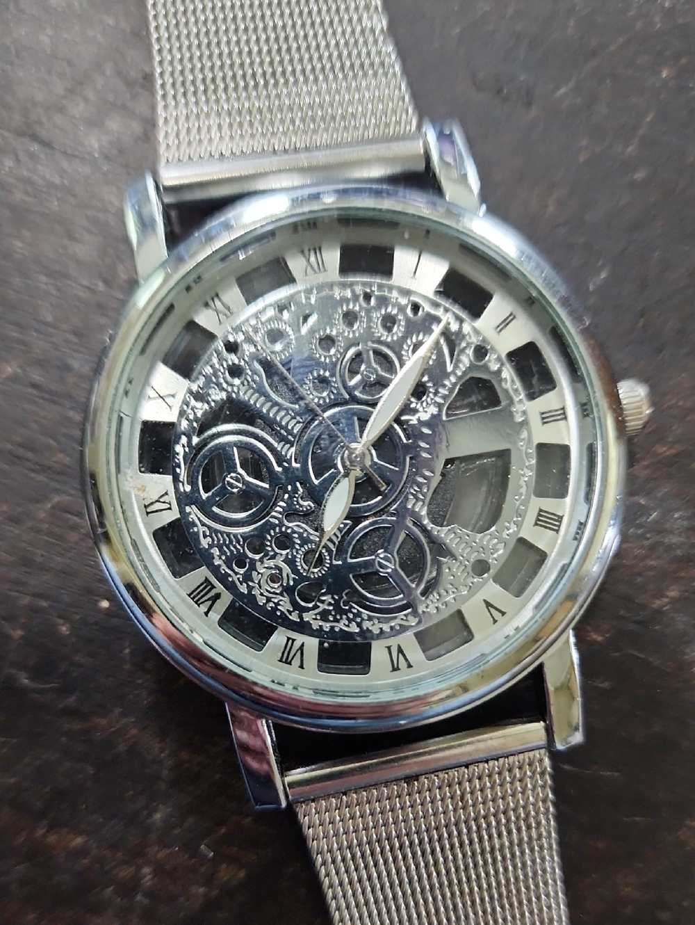 Silver Skeleton Dial Mesh Band Watch